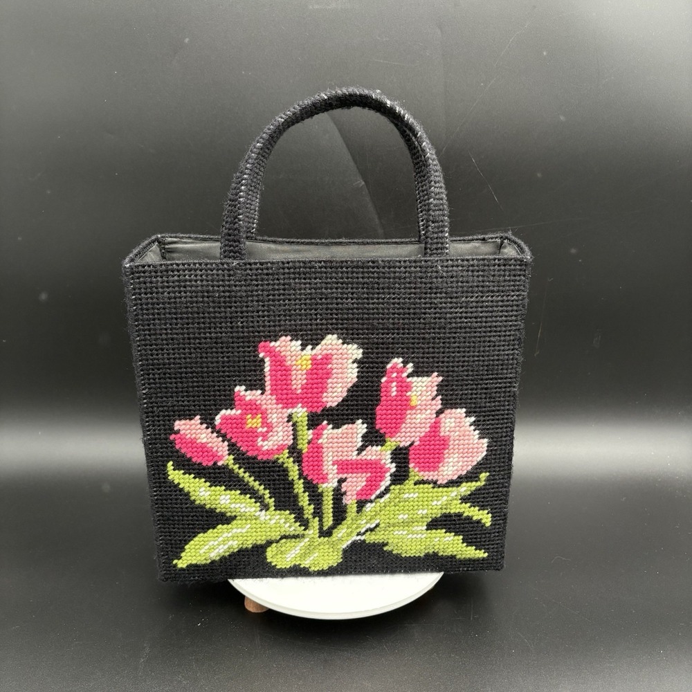 Handmade Vintage Needlepoint Tote Black With Pink Tulips Unique Retro